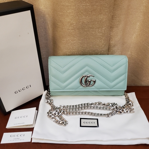 Gucci Mint Leather Marmont Matelasse Flap Wallet on Chain
